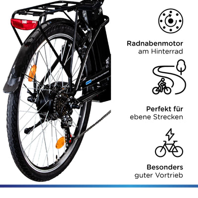 ZÜNDAPP Z505 City E-Bike Damen 26 Zoll | Citybike mit 6 Gang Schaltung Pedelec | für 150-185 cm | Bike mit StVZO Beleuchtung und Gepäckträger (schwarz, 43 cm)