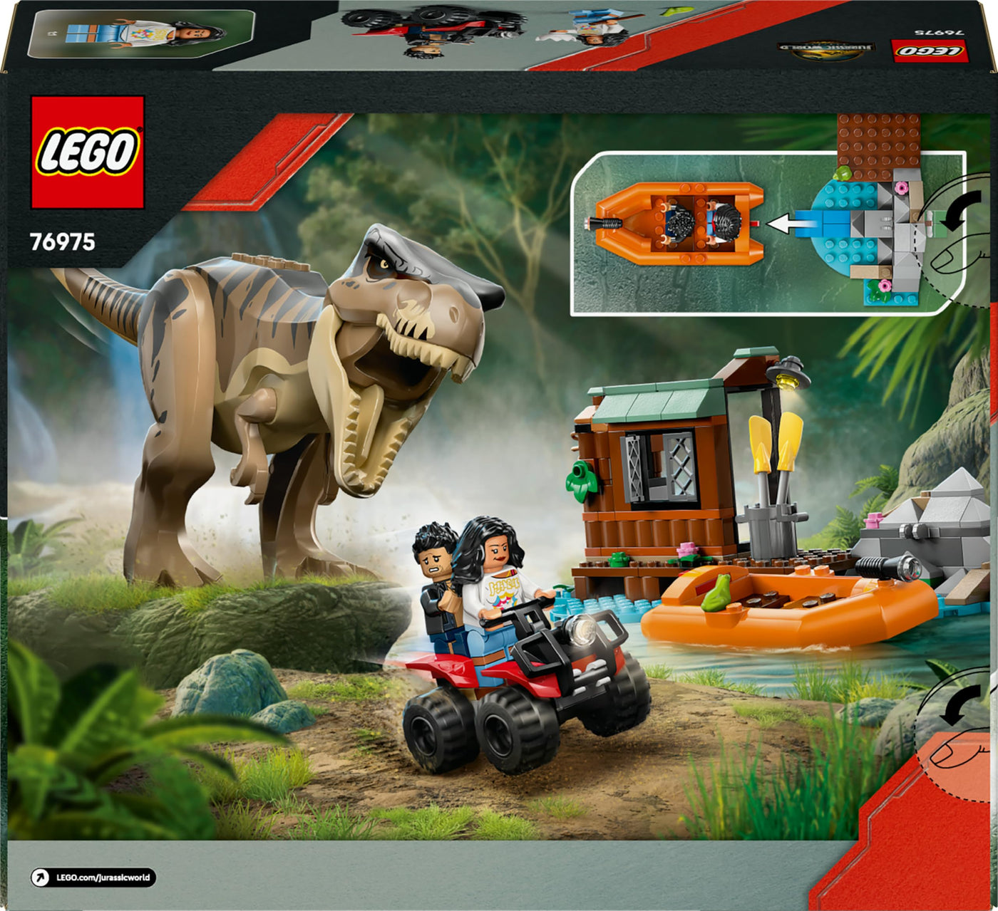 LEGO Jurassic World Flucht vor dem T.Rex – Interaktives Spielzeug mit Dinosaurier-Figur, Boot, ATV und 2 Minifiguren – Geschenk für Jungen und Mädchen ab 5 Jahren – 76975