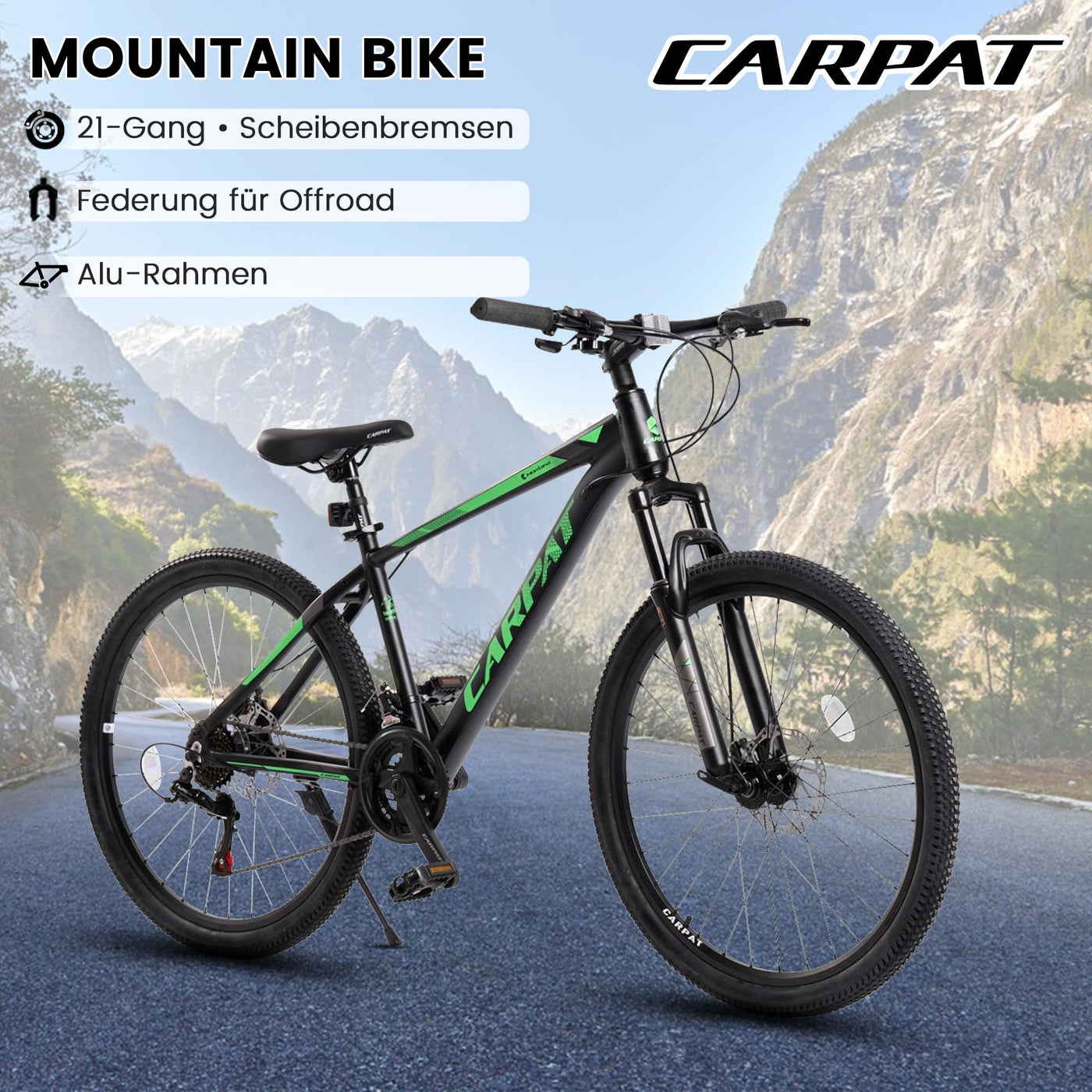 CARPAT SPORT 26 29 Zoll Mountainbike für Jungen, Mädchen, Damen und Herren, Scheibenbremse, 21 Gang-Schaltung, Aluminium Rahmen, Hardtail Fahrrad Jugendfahrrad MTB