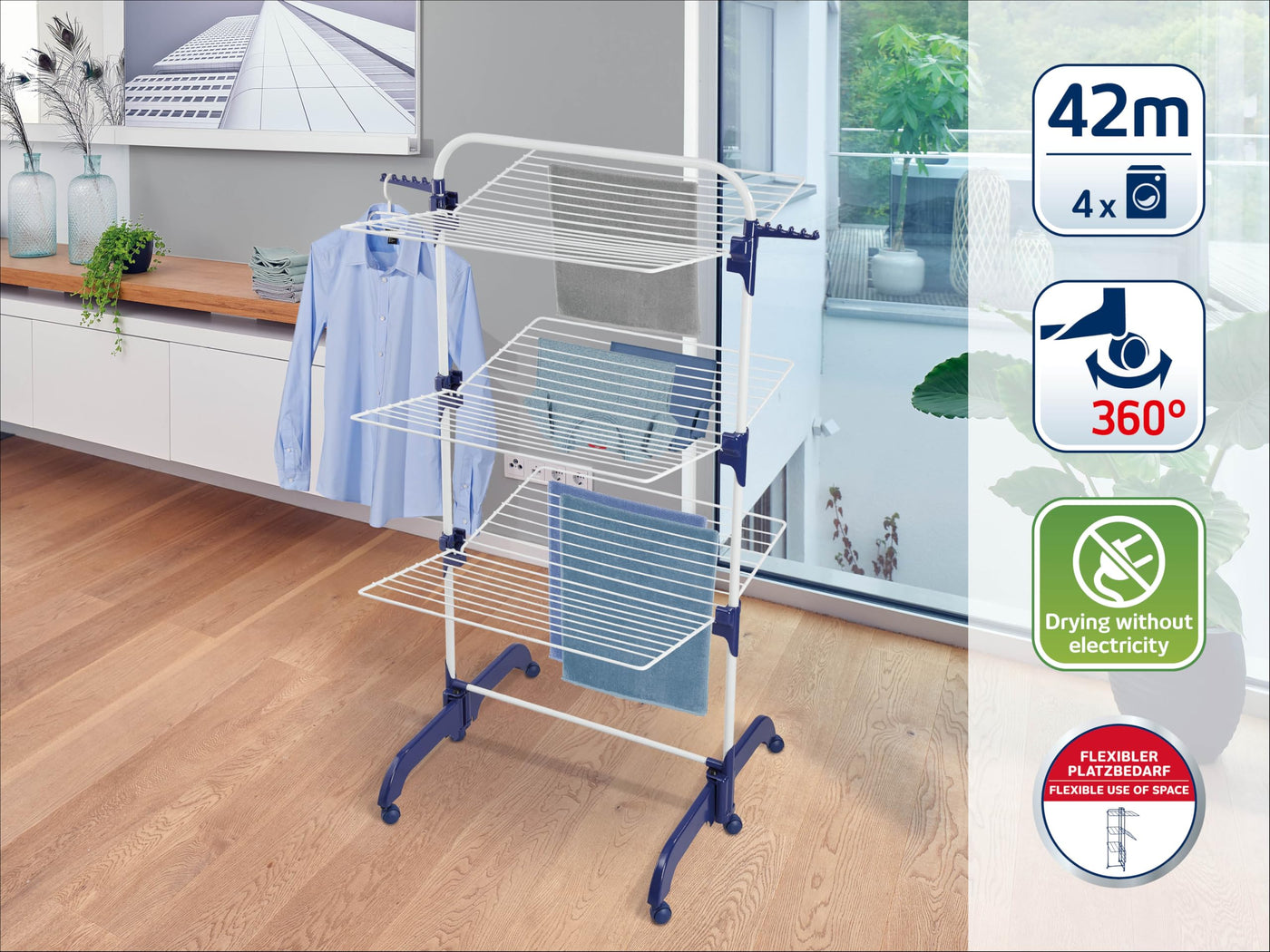 Leifheit Turmtrockner Comfort 420 mit Rollen, 42m Leinenlänge für bis zu 4 Waschmaschinenladungen, platzsparender Wäscheturm mit drei Ebenen, halbseitig abklappbarer Turmwäscheständer für die Dusche