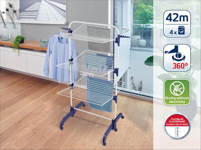 Leifheit Turmtrockner Comfort 420 mit Rollen, 42m Leinenlänge für bis zu 4 Waschmaschinenladungen, platzsparender Wäscheturm mit drei Ebenen, halbseitig abklappbarer Turmwäscheständer für die Dusche