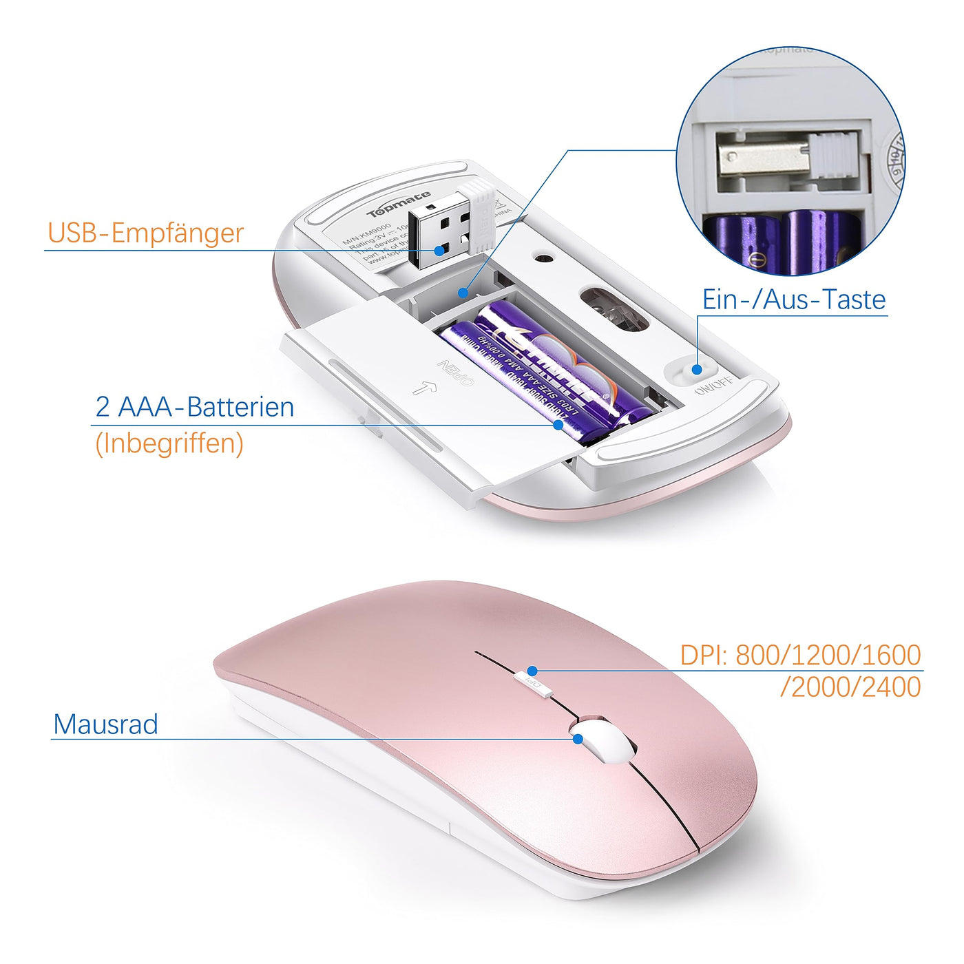 Tastatur Maus Set Ultra Slim, TopMate 2,4G Stille Compact USB 2400DPI Maus und Schissschalter Tastatur mit Abdeckung, mit 2 AA & 2 AAA Batterien für PC/Laptop/Windows/Mac-Rose Gold Weiß