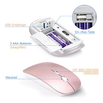 Tastatur Maus Set Ultra Slim, TopMate 2,4G Stille Compact USB 2400DPI Maus und Schissschalter Tastatur mit Abdeckung, mit 2 AA & 2 AAA Batterien für PC/Laptop/Windows/Mac-Rose Gold Weiß