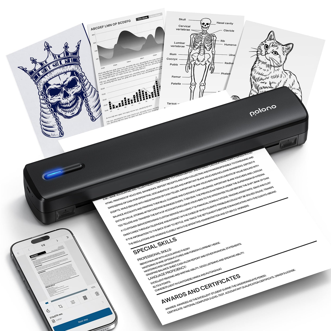 POLONO D810 Thermodrucker A4 Wireless für Reisen, Mobiler Drucker A4 Unterstützung für 8.5"x11" US Brief, Tragbarer drucker Kompatibel mit iOS, Android, Laptop für Büro, Auto, Schwarz