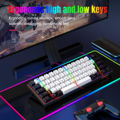 Snpurdiri 60% kabelgebundene mechanische Gaming-Tastatur, 61 Anti-Ghosting-Tasten, RGB-Hintergrundbeleuchtung, ultrakompakte Blaue Schalter, Zwei Ständer, schwarz-weiß