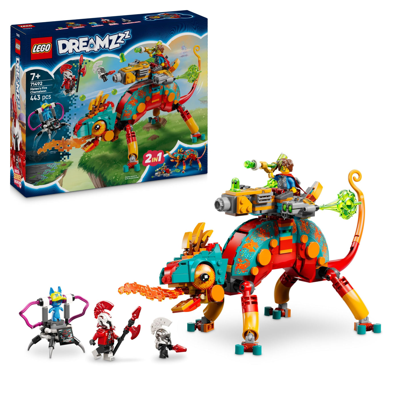 LEGO DREAMZzz 2-in-1 Mateos Feuer-Chamäleon - Fantasy-Tierfigur umbaubar in Spielzeug-Jet & Mech - Set für Jungen & Mädchen ab 7 Jahren inkl. 2 Minifiguren - Geschenkidee - 71492