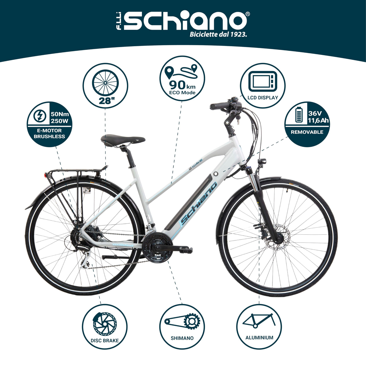 F.lli Schiano E-Wave, E Bike Trekking 28 Zoll, 36V 11.6Ah Abnehmbarer Akku, Motor 250W 50Nm, Trekking EBike für Herren/Damen, Weiss