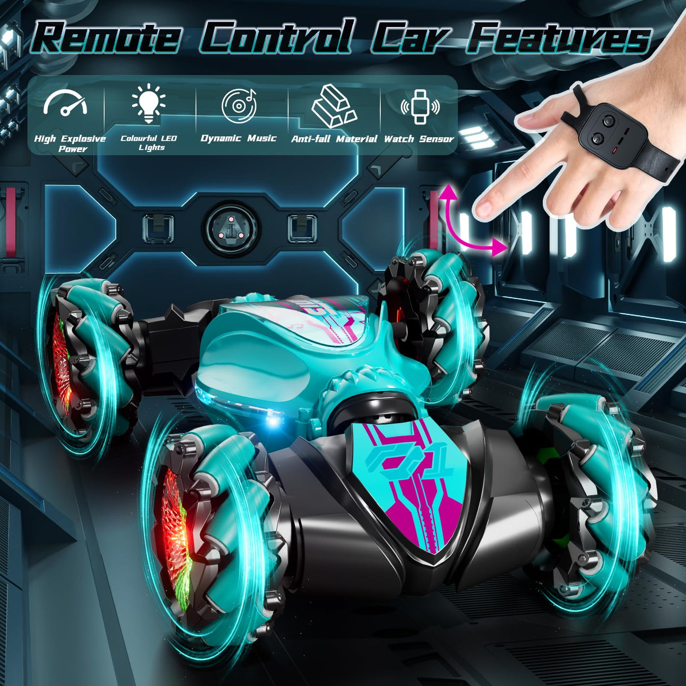 IKIDSUN Ferngesteuerte Auto mit Handsteuerung, RC Stunt Car, 2,4 GHz 4WD 360°Doppelseitige Rotierende Ferngesteuertes Auto mit Musik für Junge Mädchen ab 8 9 10 12+ Jahre, Geschenke Für Kinder