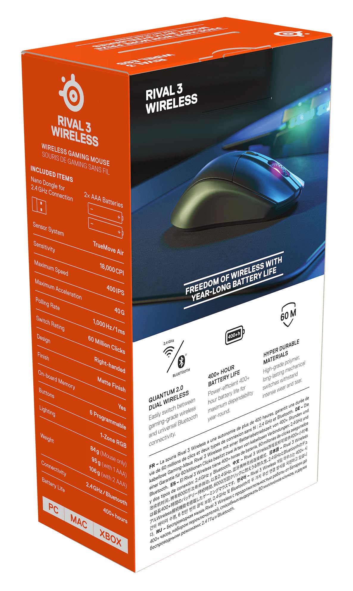 SteelSeries Rival 3 Wireless - Wireless Gaming-Maus - Über 400 Stunden Akkulaufzeit - Dual Wireless 2.4 GHz und Bluetooth 5.0 - 60 Millionen Klicks, Schwarz