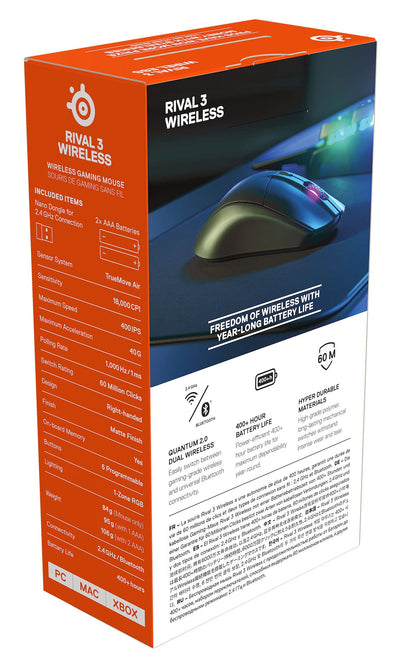 SteelSeries Rival 3 Wireless - Wireless Gaming-Maus - Über 400 Stunden Akkulaufzeit - Dual Wireless 2.4 GHz und Bluetooth 5.0 - 60 Millionen Klicks, Schwarz