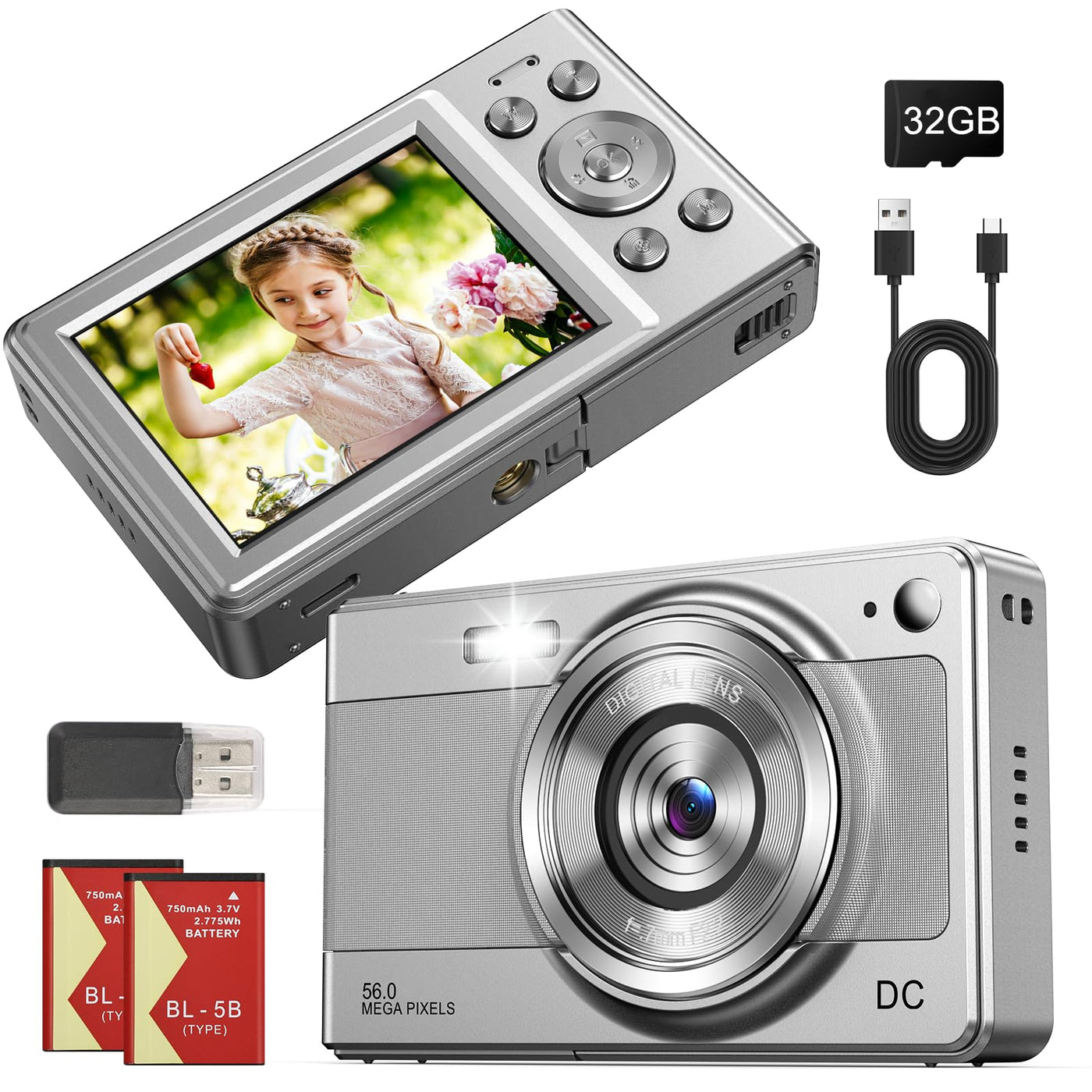 Digitalkamera Kinder Kompaktkamera kinderkamera, 1080P FHD 56MP Fotoapparat Digitalkamera Vintage Mini Fotos für Kinder Teenager Studenten Anfänger, 2 * Batterien, 32 GB (Silber)