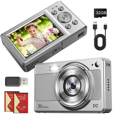 Digitalkamera Kinder Kompaktkamera kinderkamera, 1080P FHD 56MP Fotoapparat Digitalkamera Vintage Mini Fotos für Kinder Teenager Studenten Anfänger, 2 * Batterien, 32 GB (Silber)