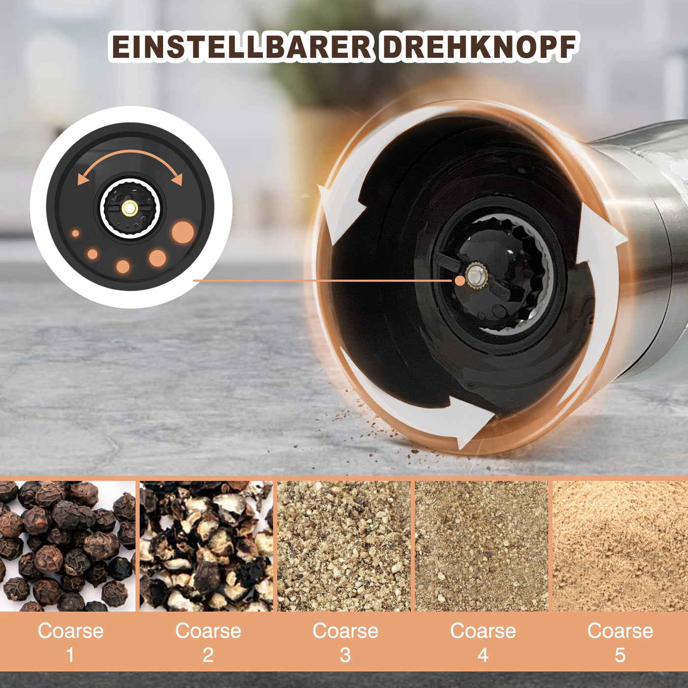 KitchenBoss Salz und Pfeffermühle 2er Set：Gewürzmühle Einstellbar Salzmühle für Grobes Salz, Salt and Pepper Grinder mit Keramikmahlkern, für Salz, Pfeffer, Chilli (Unbefüllt)
