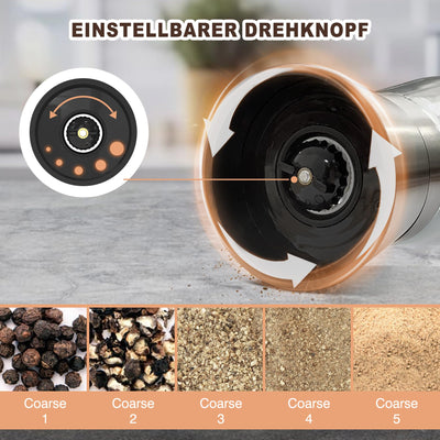 KitchenBoss Salz und Pfeffermühle 2er Set：Gewürzmühle Einstellbar Salzmühle für Grobes Salz, Salt and Pepper Grinder mit Keramikmahlkern, für Salz, Pfeffer, Chilli (Unbefüllt)