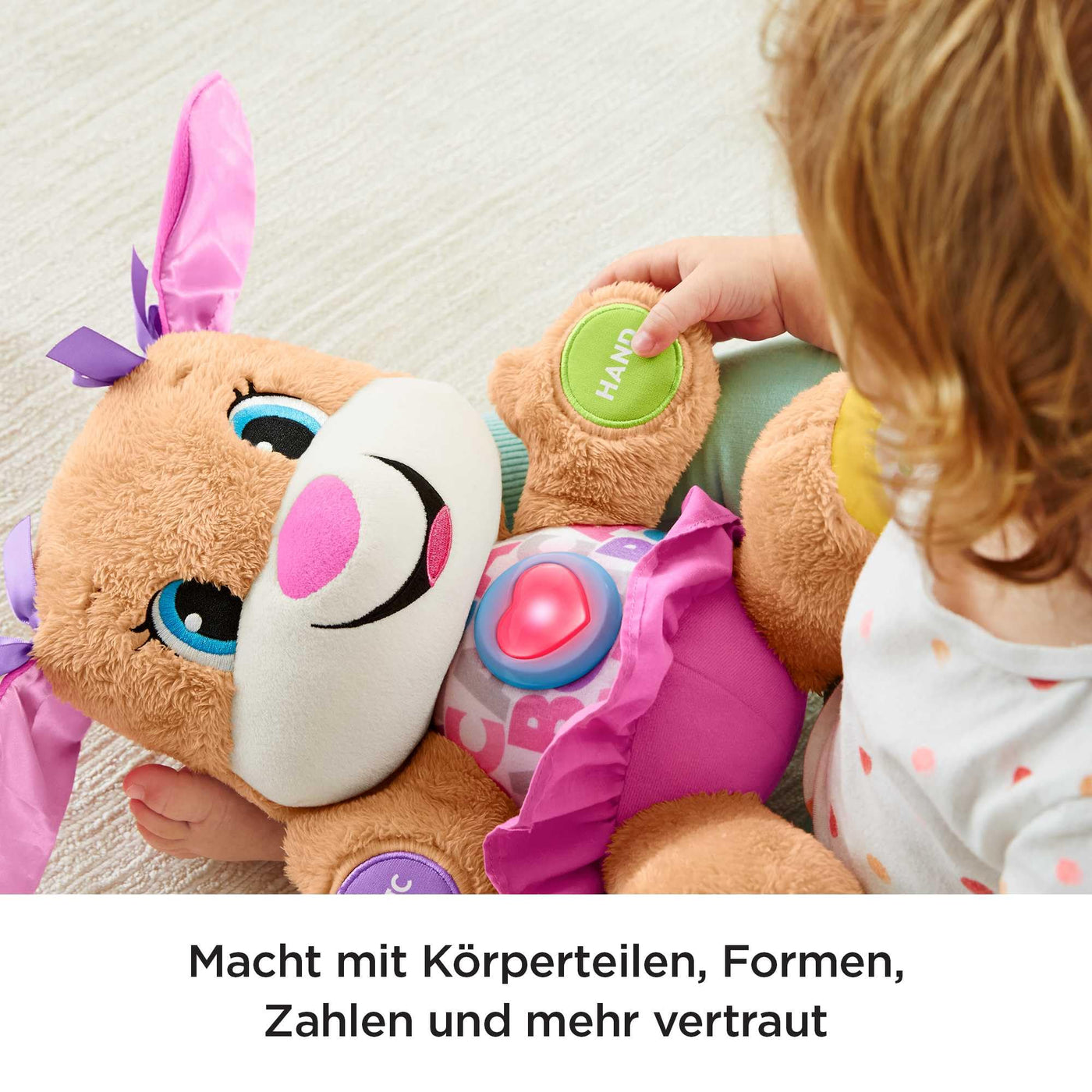 Fisher-Price Lernspaß Hundefreundin, sprechendes, singendes Kuscheltier, Baby Spielzeug ab 6 Monate, Interaktiver Hund Lernspielzeug, Deutsche Version, FPP53