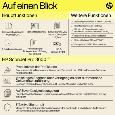 HP ScanJet Pro 3600 f1, Scanner, Flachbett, 60-Blatt ADF, USB, bis zu 3.000 Seiten täglich, EIN-klick-Kurzbefehle