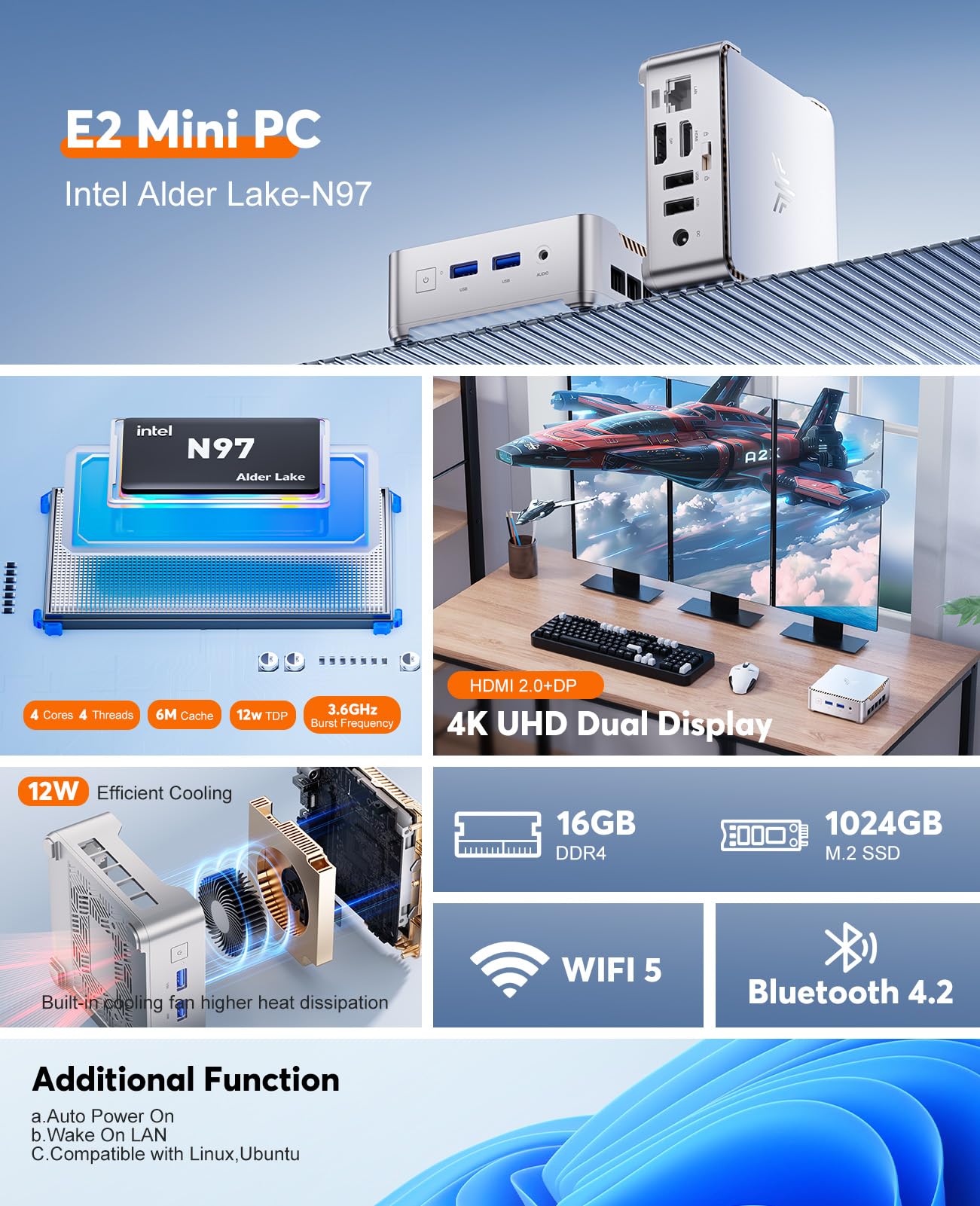 NiPoGi Mini PC 16GB DDR4 1024GB M.2 SSD, Ιntel Alder Lake-N97(bis zu 3,60 GHz) Mini Desktop Computer, Dual-WiFi, 1000Mbps LAN, HDMI 2.0 + DP, 4K Dual Display Micro-PC mit VESA für Schule/Zuhause/Büro
