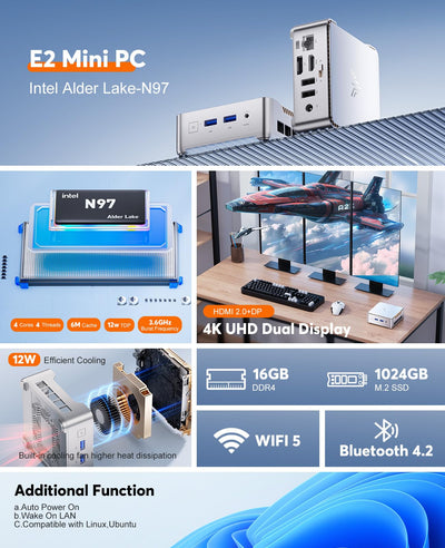 NiPoGi Mini PC 16GB DDR4 1024GB M.2 SSD, Ιntel Alder Lake-N97(bis zu 3,60 GHz) Mini Desktop Computer, Dual-WiFi, 1000Mbps LAN, HDMI 2.0 + DP, 4K Dual Display Micro-PC mit VESA für Schule/Zuhause/Büro