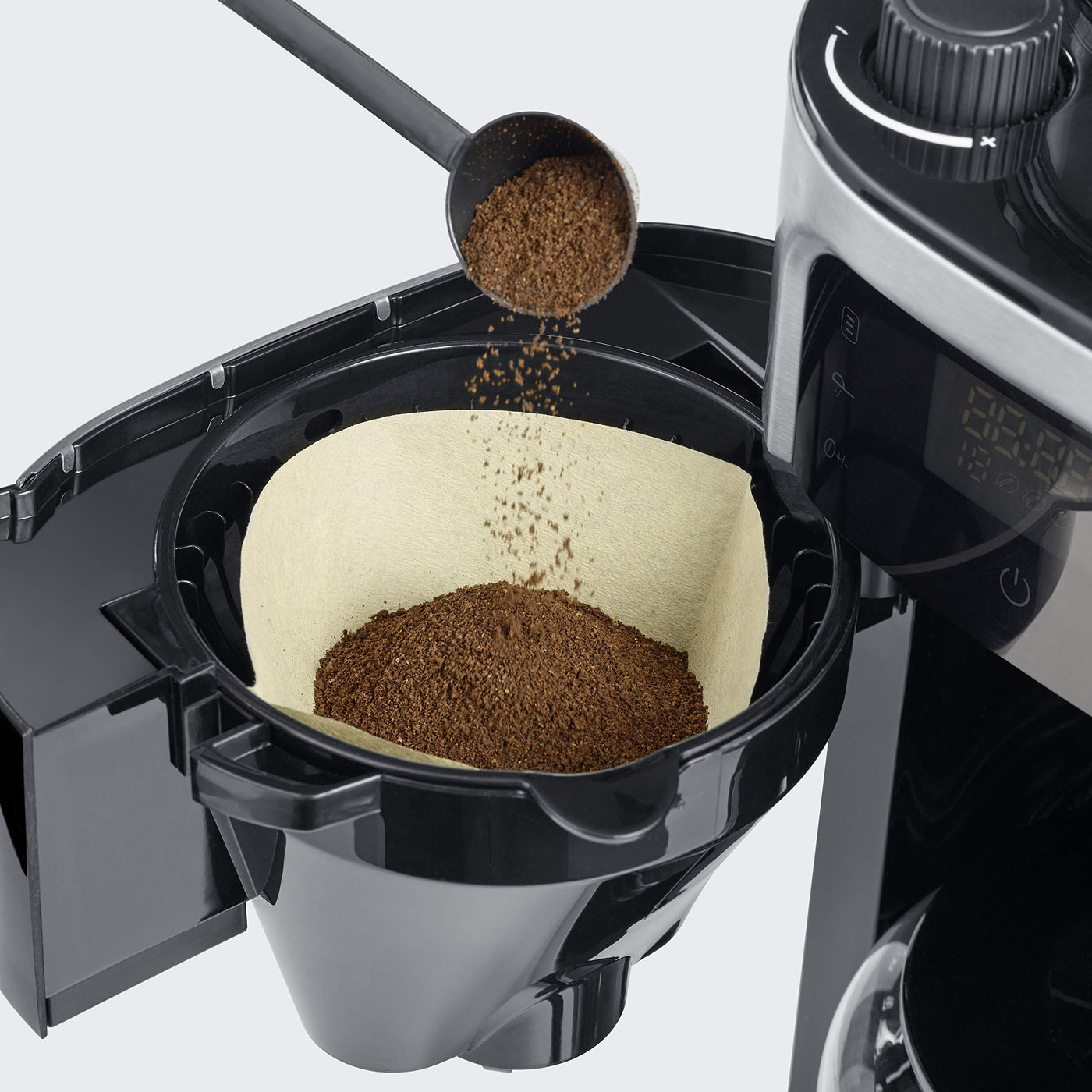 SEVERIN Kaffeemaschine mit Mahlwerk, Kaffeeautomat mit Glaskanne und Timer-Funktion, auch als Filterkaffeemaschine, für bis zu 10 Tassen Kaffee, 1000 Watt, schwarz/ Edelstahl, KA 4813