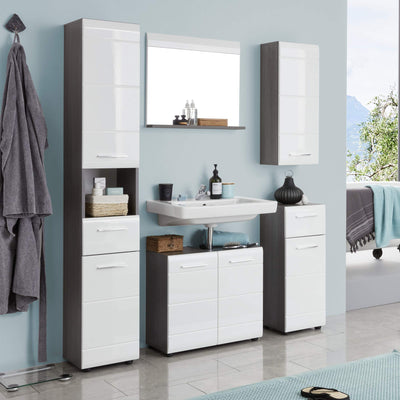 trendteam smart living - Waschbeckenunterschrank Unterschrank - Badezimmer - Line - Aufbaumaß (BxHxT) 60 x 57 x 31 cm - Farbe Sardegna Rauchsilber mit Weiß Hochglanz - 189830103