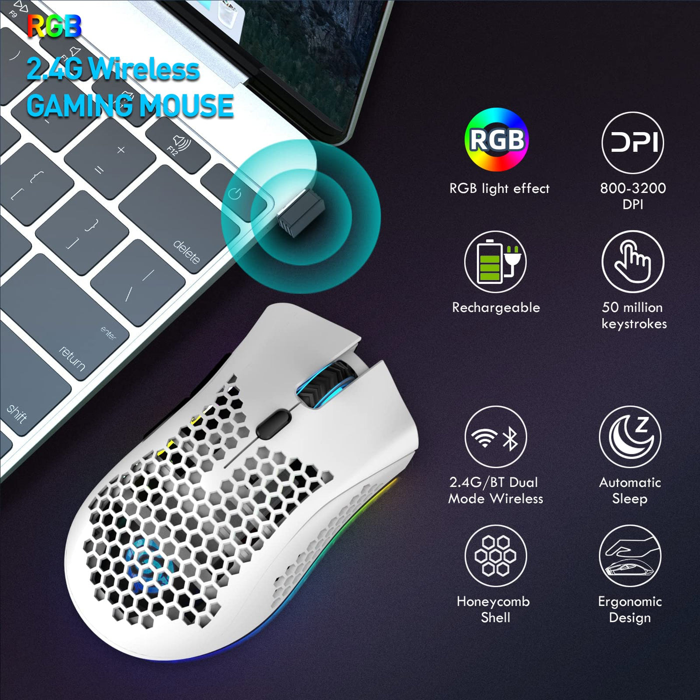 JYCSTE Bluetooth Gaming Maus, Light Honeycomb Maus mit RGB Hintergrundbeleuchtung, einstellbare DPI, Bluetooth 2.4G Wireless Rechargeable Ergonomic Optical Sensor Mouse (Dual Mode-White)
