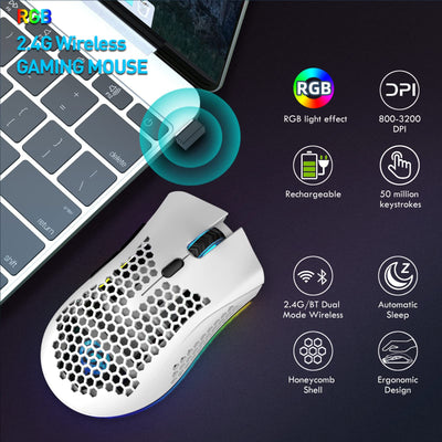 JYCSTE Bluetooth Gaming Maus, Light Honeycomb Maus mit RGB Hintergrundbeleuchtung, einstellbare DPI, Bluetooth 2.4G Wireless Rechargeable Ergonomic Optical Sensor Mouse (Dual Mode-White)