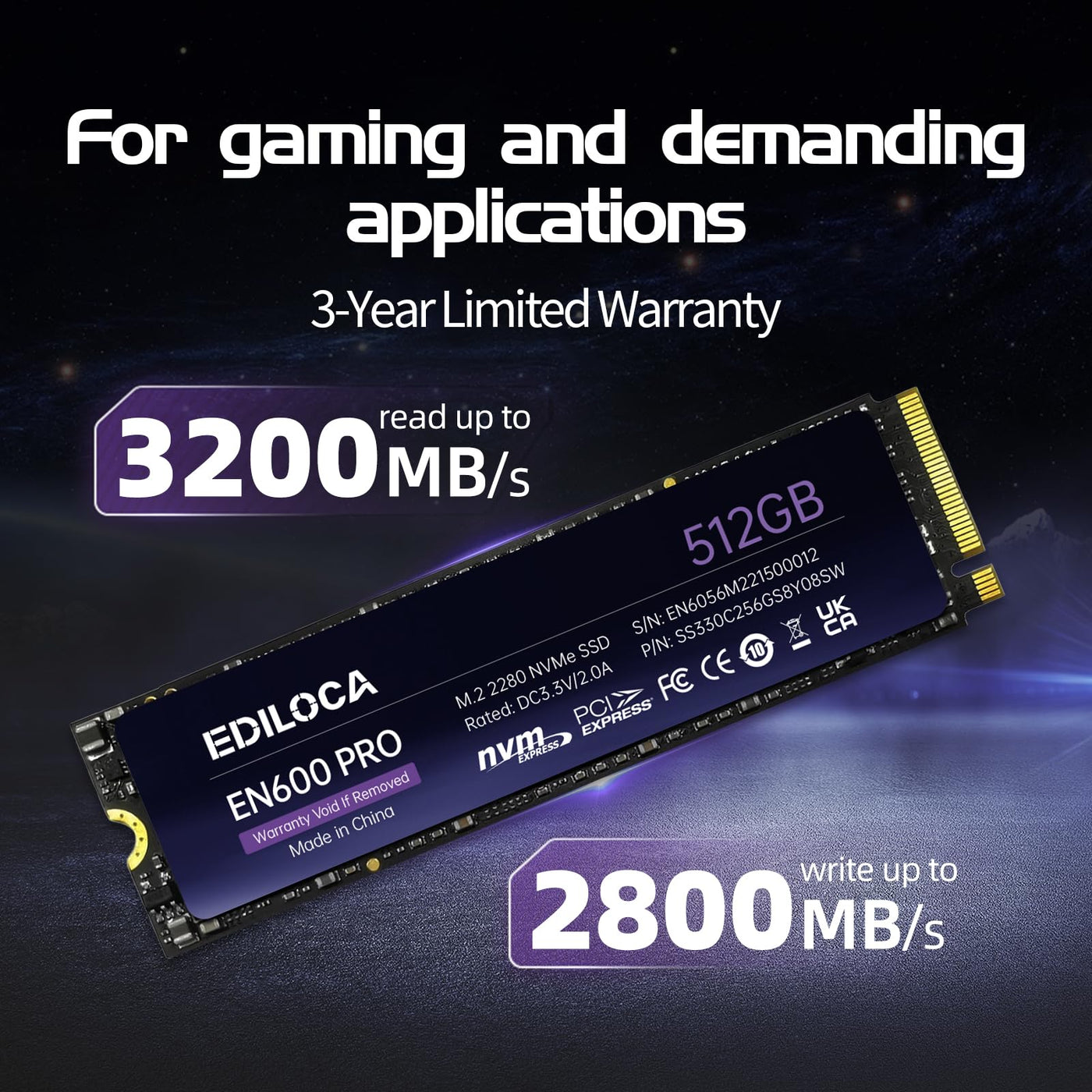 Ediloca EN600 PRO 512 GB Interne SSD PCle 3.0x4, NVMe M.2 2280, SLC-Cache, 3200 MB/s Lesen, 2800 MB/s Schreiben, 3D NAND TLC, Internes Solid State Drive, kompatibel mit Desktops und Laptops