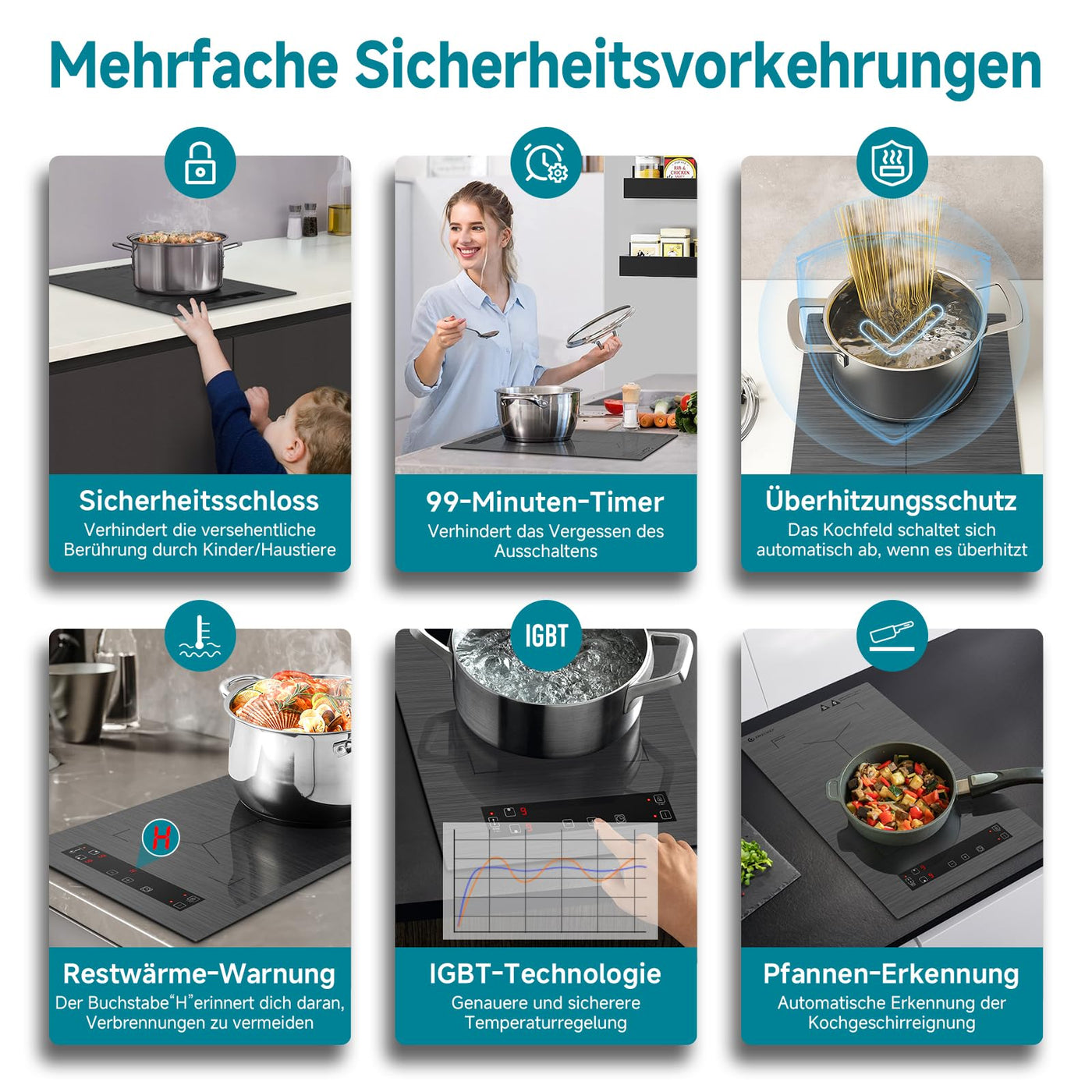AMZCHEF Induktionskochfeld 2 platten, induktionskochplatte mit Flexzonen und Stecker, 10 Leistungsstufen, Sicherheitsschloss und Timer, Überhitzungsschutz, Berührungssteuerung, BBQ, 3300W(Grau)