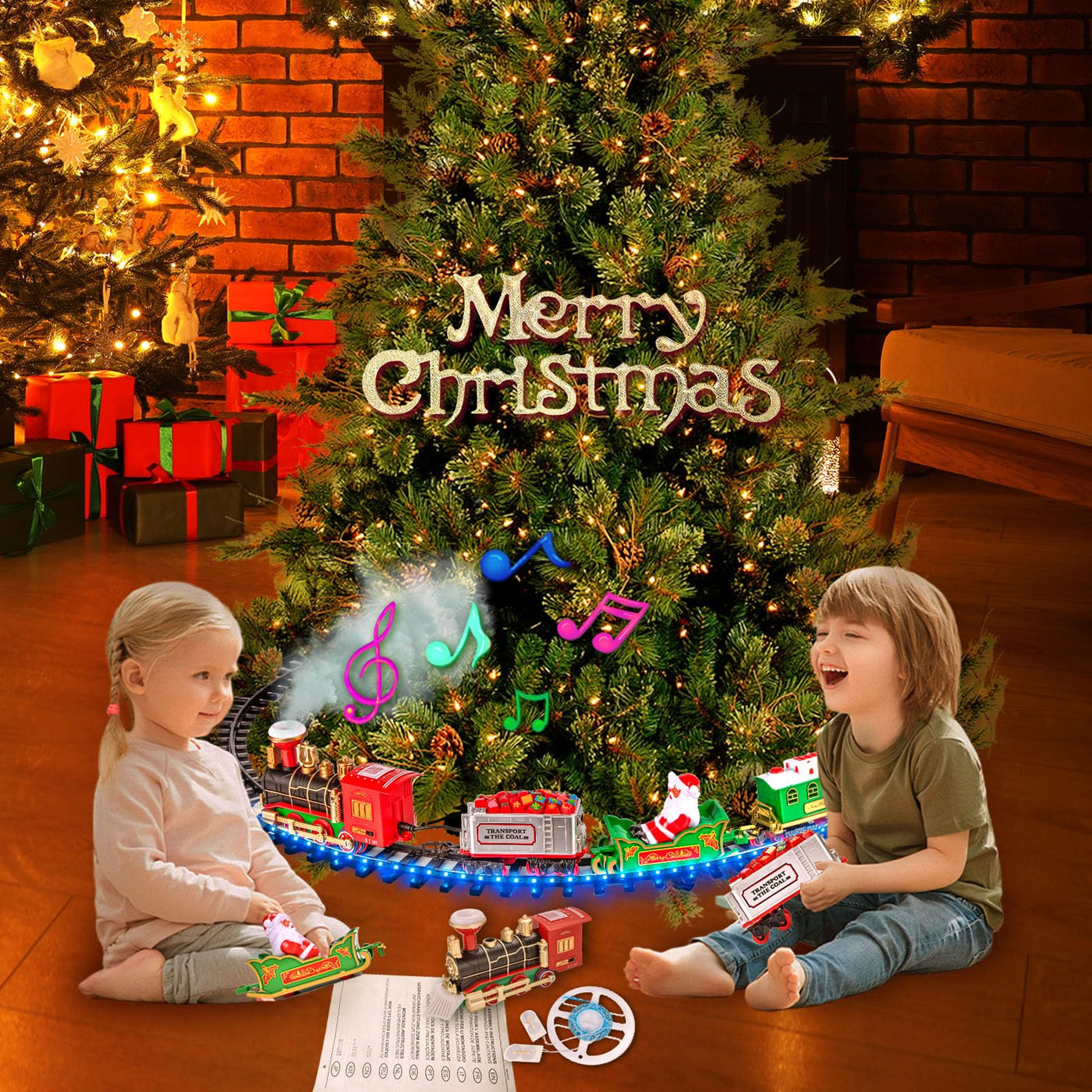 BuzzoXerex Eisenbahn Weihnachtsbaum Elektrisch, Zug Weihnachtsbaum, Weihnachtszug für Den Tannenbaum mit Blauer LED-Lichterkette, Eisenbahn Kinder Elektrisch mit Sound & Dampfeffekt