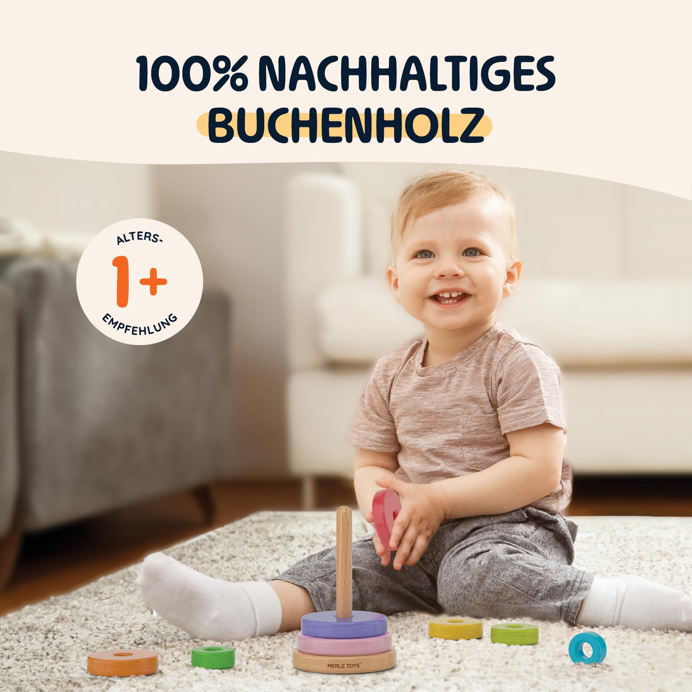 Merle Toys® Stapelturm Holz, 100% FSC-zertifiziertes Holzspielzeug Baby, Stapelturm ab 1 Jahr, Montessori Spielzeug, Stapelspiel ab 1 Jahr, BPA-Freies Baby Spielzeug aus Holz, 8X Bunte Stapelringe