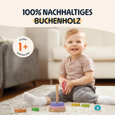 Merle Toys® Stapelturm Holz, 100% FSC-zertifiziertes Holzspielzeug Baby, Stapelturm ab 1 Jahr, Montessori Spielzeug, Stapelspiel ab 1 Jahr, BPA-Freies Baby Spielzeug aus Holz, 8X Bunte Stapelringe