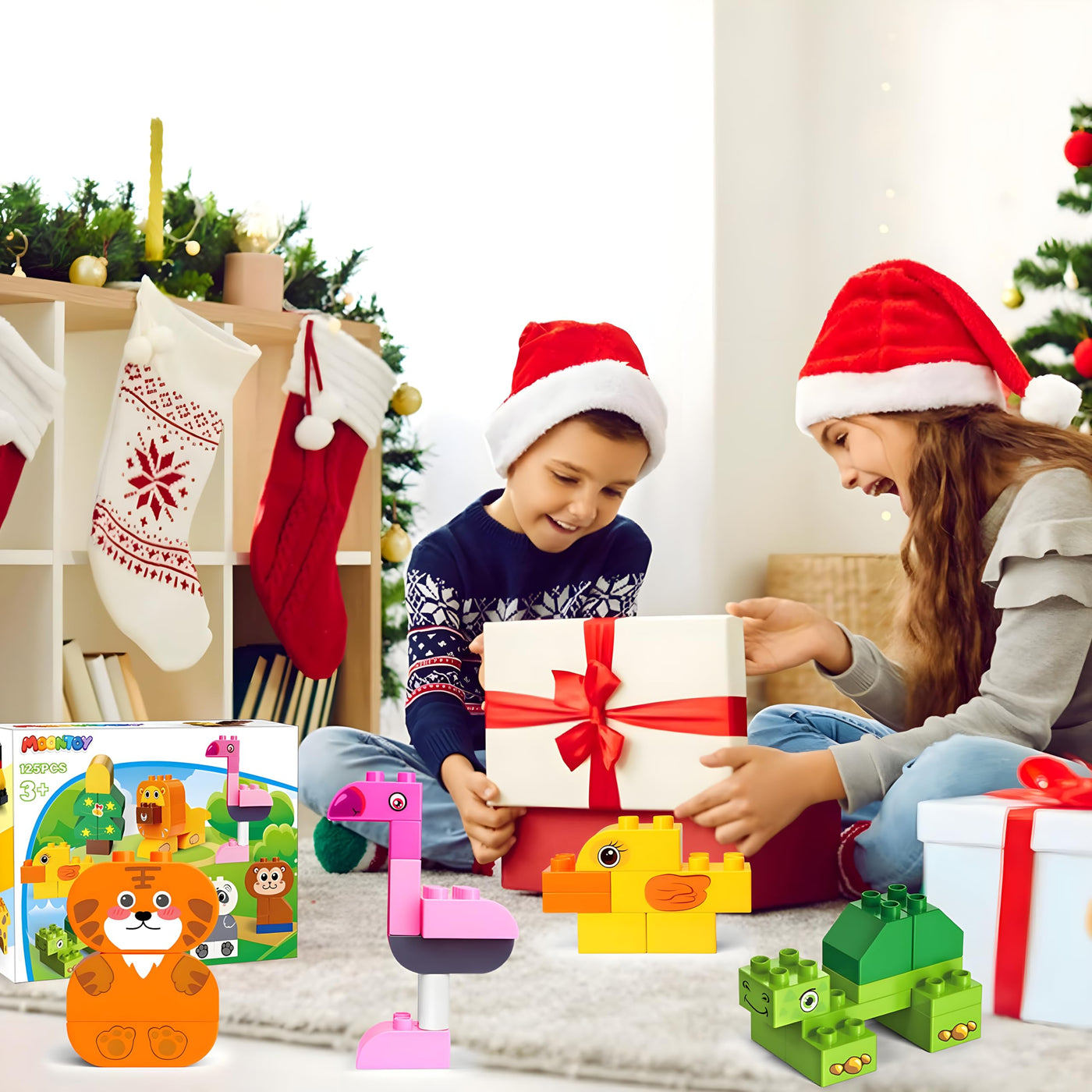 MOONTOY Große Bausteine, 125 Teile Bunte Bauklötze zum Bauen von 16 Tier, Bauspielzeug Konstruktionsspielzeug für Kleinkinder Classic STEM Lernspielzeug Spielzeug für Kinder ab 2 3 4 Jahre Geschenk