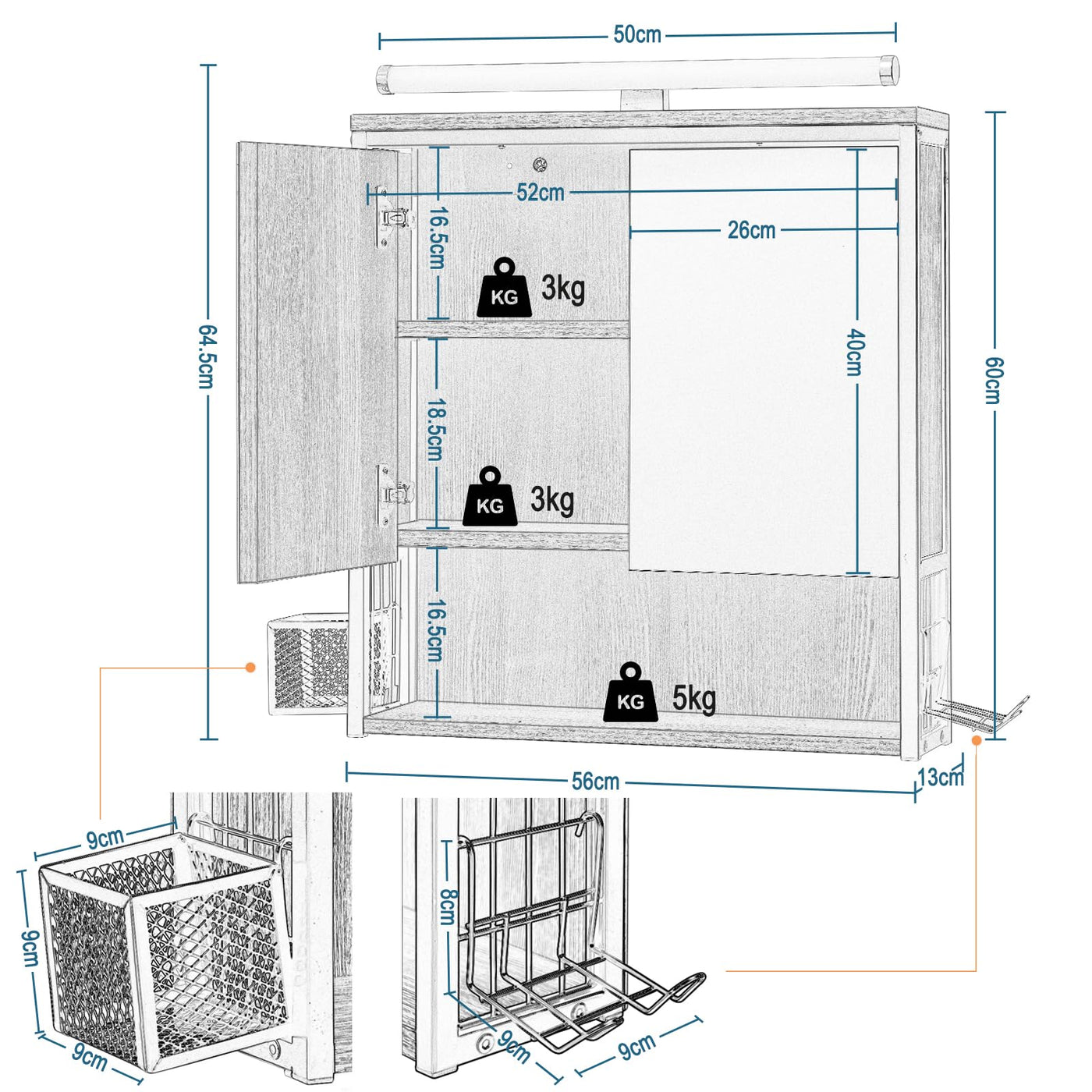 EUGAD Spiegelschrank Bad mit Beleuchtung, Badezimmerschrank mit Spiegel, Badschrank hängend, mit Verstellbarer Ablage Halter Korb, aus Metall MDF, schwarz + helle Eiche