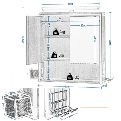 EUGAD Spiegelschrank Bad mit Beleuchtung, Badezimmerschrank mit Spiegel, Badschrank hängend, mit Verstellbarer Ablage Halter Korb, aus Metall MDF, schwarz + helle Eiche