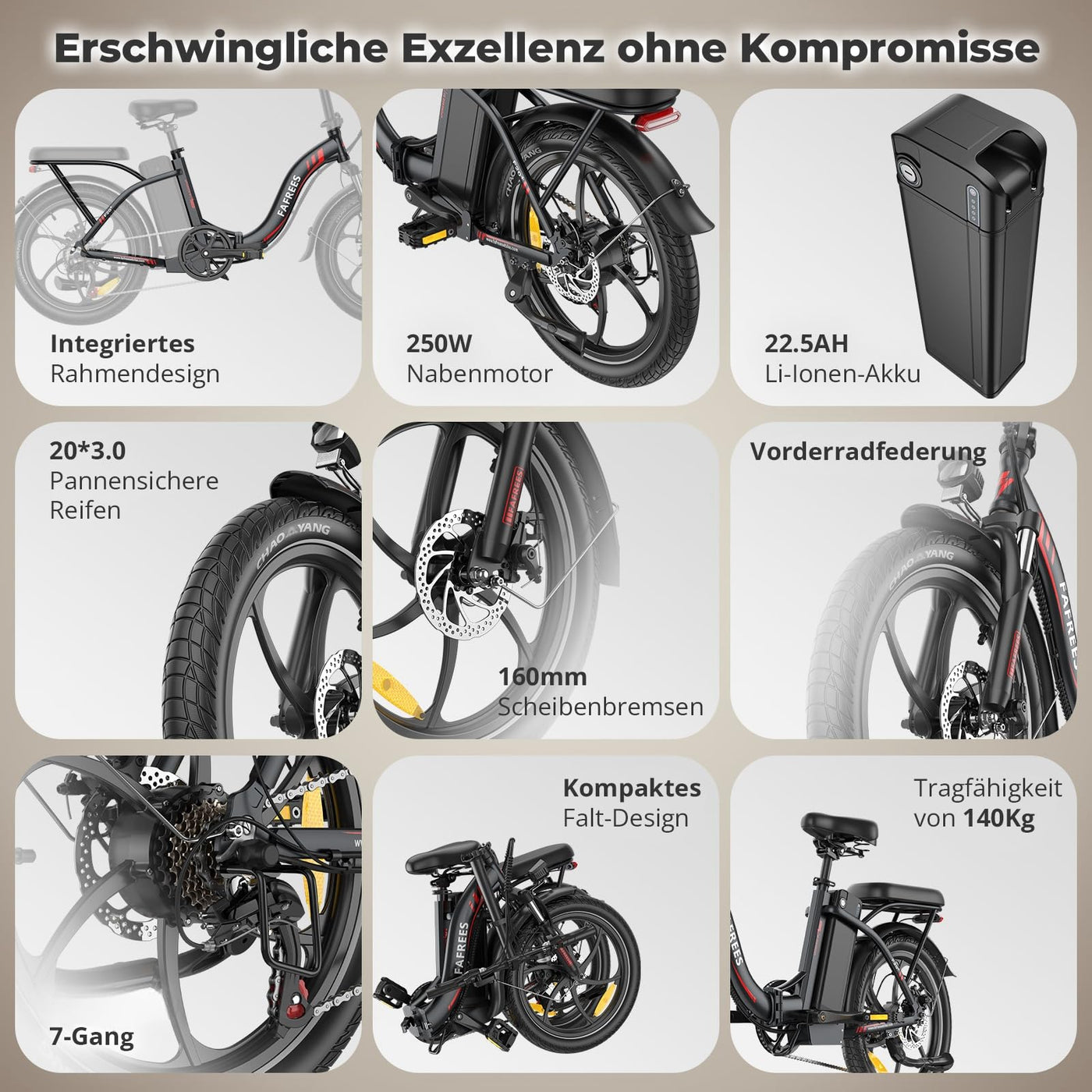 Fafrees F20+ 2025 Elektro-Faltrad 20 Zoll Fatbike, 36V/20AH Akku, 250W Motor, 140kg Tragekapazität | E-MTB 20°, 25km/h | Unisex Fahrrad (Hecktasche + Handyhalterung, Schwarz)