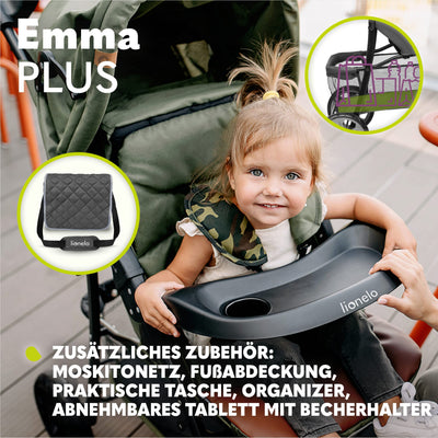 LIONELO Emma Plus Kinderwagen bis zu 15 kg, Kindersportwagen, leicht modern klein Buggy mit Liegeposition, zusammenklappbar, große Räder, großer Korb, Tasche Stone