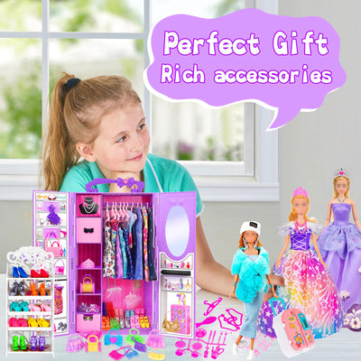 107pcs 11.5 Zoll Mädchen Puppe mit Kleidung Zubehör und Schrank, Gepäck, Schal mit Kleid, Prinzessin Kleider, Mode Kleider, Outfits, Schuhe... Puppe Dress Up Spielzeug für Mädchen (einschließen Puppe)