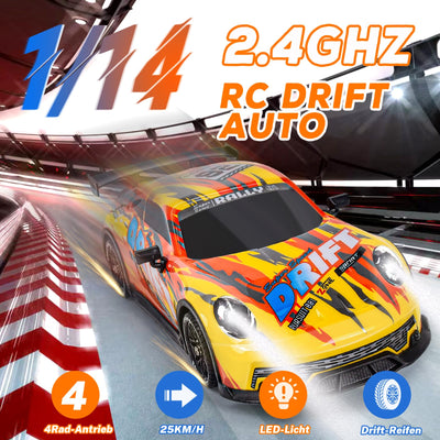 JONRRYIN Drift Ferngesteuertes Auto, RC Drift Car, 1:14 4WD Fernbedienung Rennwagen mit Driftfunktion, LED-Leuchten, 25km/h, Spielzeugauto für Erwachsene und Kinder ab 8 Jahre älter