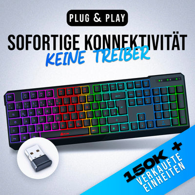 KLIM Chroma Wireless Gaming Tastatur Kabellos QWERTZ DEUTSCH - NEU - Langlebig, Ergonomisch, Wasserdicht, Leise - RGB Kabellose Tastatur Gaming für PC PS4 PS5 Mac - Schwarz
