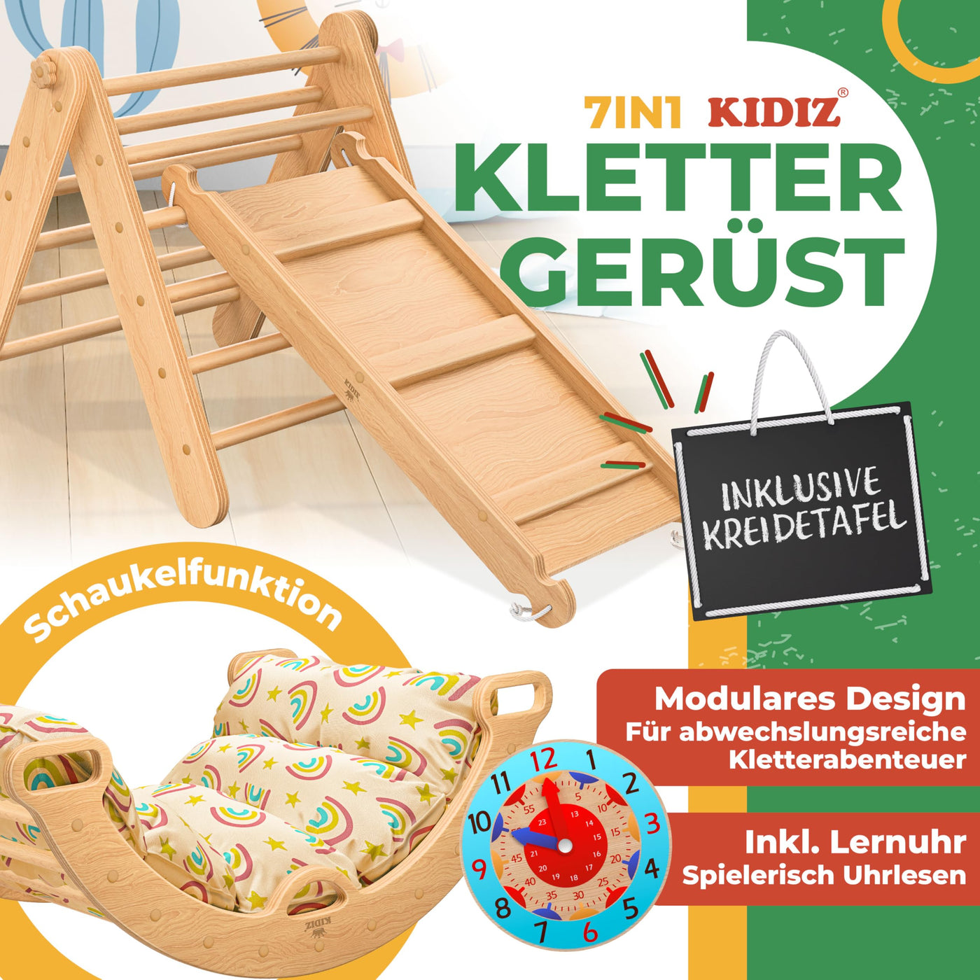 Kidiz® Klettergerüst Montessori 7in1 Spiel-Set mit Kletterbogen Rutsche Kletterdreieck aus Holz inklusive Kissen, Tafel & Lern-Uhr | Indoor Spielplatz für Kleinkinder ab 1 Jahr & Kinder bis 3 Jahre