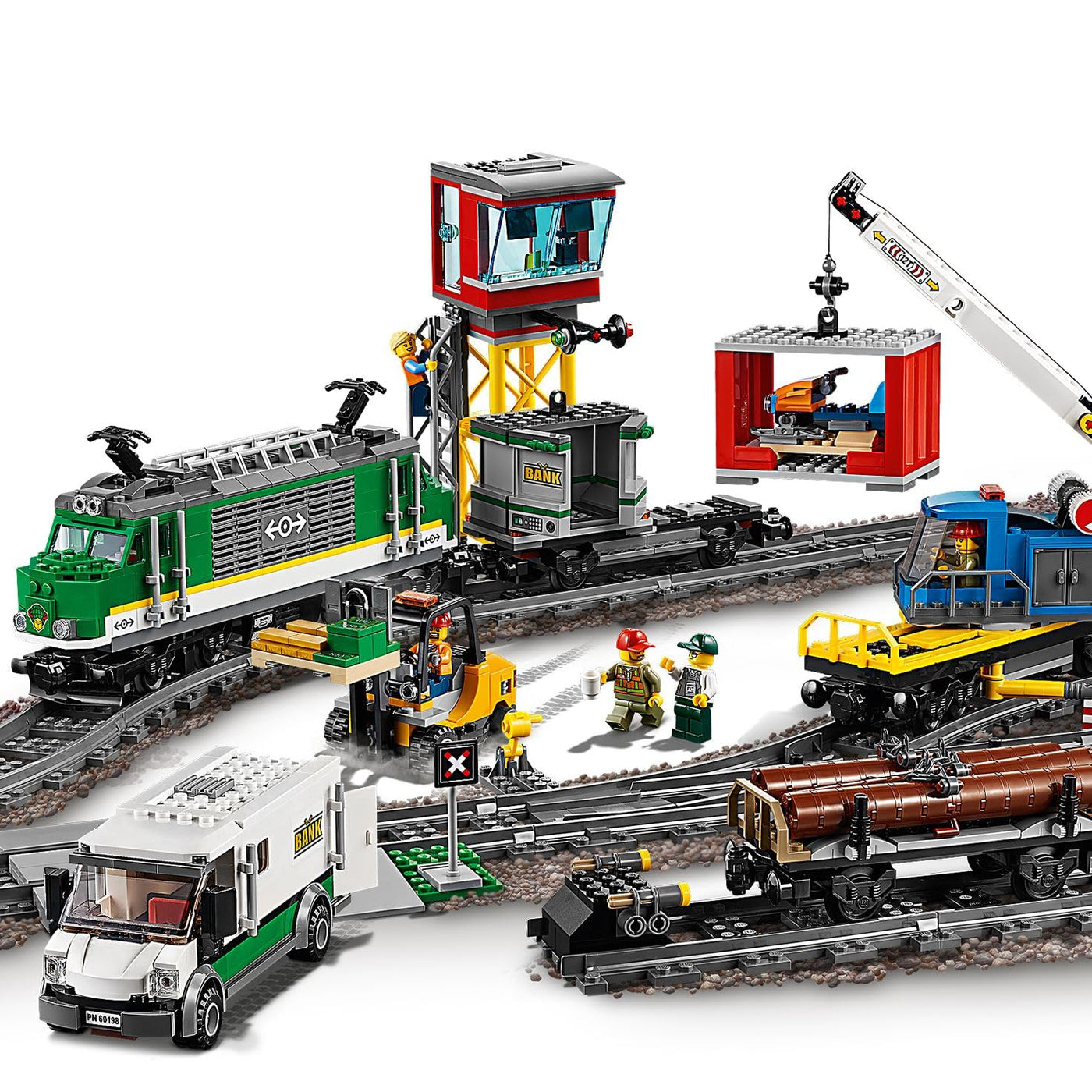 LEGO City Trains Güterzug - Zug Spielzeug, Gabelstapler, 32 Gleisstücke, Signalleuchten & 6 Minifiguren – Lokomotive Spielset für Kinder - Kreatives Geschenk für Jungen & Mädchen ab 6 Jahren - 60198