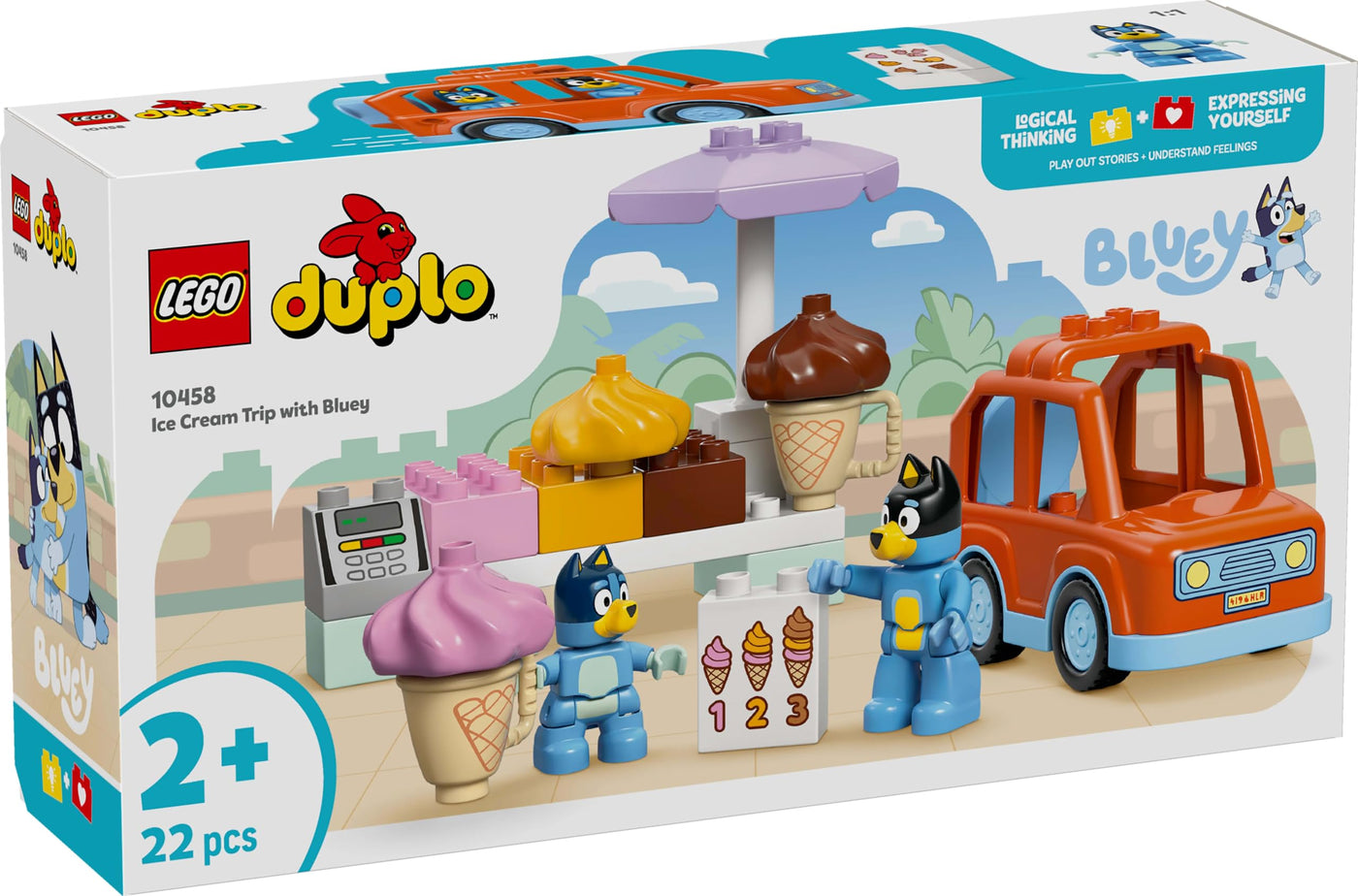 LEGO DUPLO Bluey: Ice Cream Trip with Bluey - Educational Motor Skills Toy for Toddlers, with a Toy Car and Ice Cream Stand, Plus 2 Figures incl. Bandit - Gift for 2+ Year Old Girls & Boys - 10458