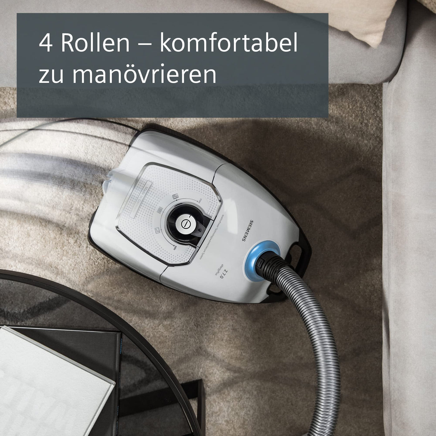 Siemens Staubsauger mit Beutel Z 7.0 VSZ7442S, ideal für Allergiker, Hygiene-Filter Plus, extrem leise, Bodendüse für Parkett, Teppich, Fliesen, langes Kabel, XXL-Polsterdüse, Fugendüse, 650 W, weiß