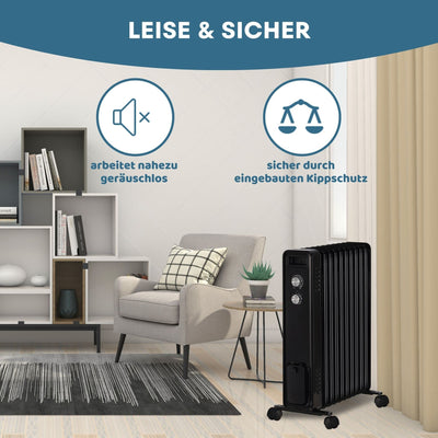 STAHLMANN Ölradiator ZR201 2500 Watt – Elektroheizung Energiesparend bis 50 qm Fläche – Heizung Elektrisch mit Thermostat und 3 Heizstufen – Elektrisches Heizgerät, Electric Heater Schwarz