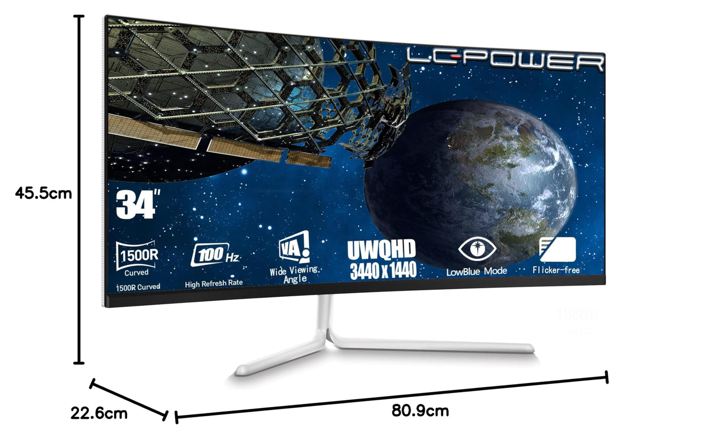 LC-Power LC-M34-UWQHD-100-C-V3 Gaming Monitor 34" Curved Ultra WQHD Display 21:9, 100Hz, 1500R, Adaptive Sync, VA, 1*HDMI, DP, DVI,AUX, schwarz weiß