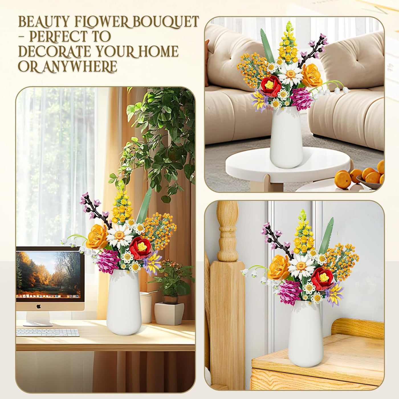 Blumenstrauß Bausatz, 1070 Stück Blumen Bauspielzeugset 10 Künstliche Blumen für Flowers, Botanical Kollektion Bauklötze, Geschenke zum Muttertag, Geburtstag, Muttertag, Vase Nicht Enthalten