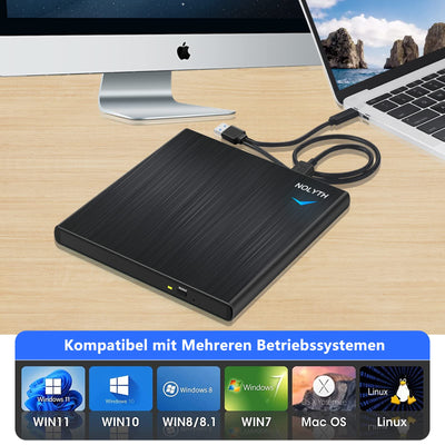 NOLYTH Externes DVD Laufwerk Extern, Externes CD Laufwerk Extern USB mit 1 Audio 2 USB Slots, Externe Optische Laufwerke DVD Brenner Extern Externes Laufwerk für Laptop Mac PC MacBook Windows