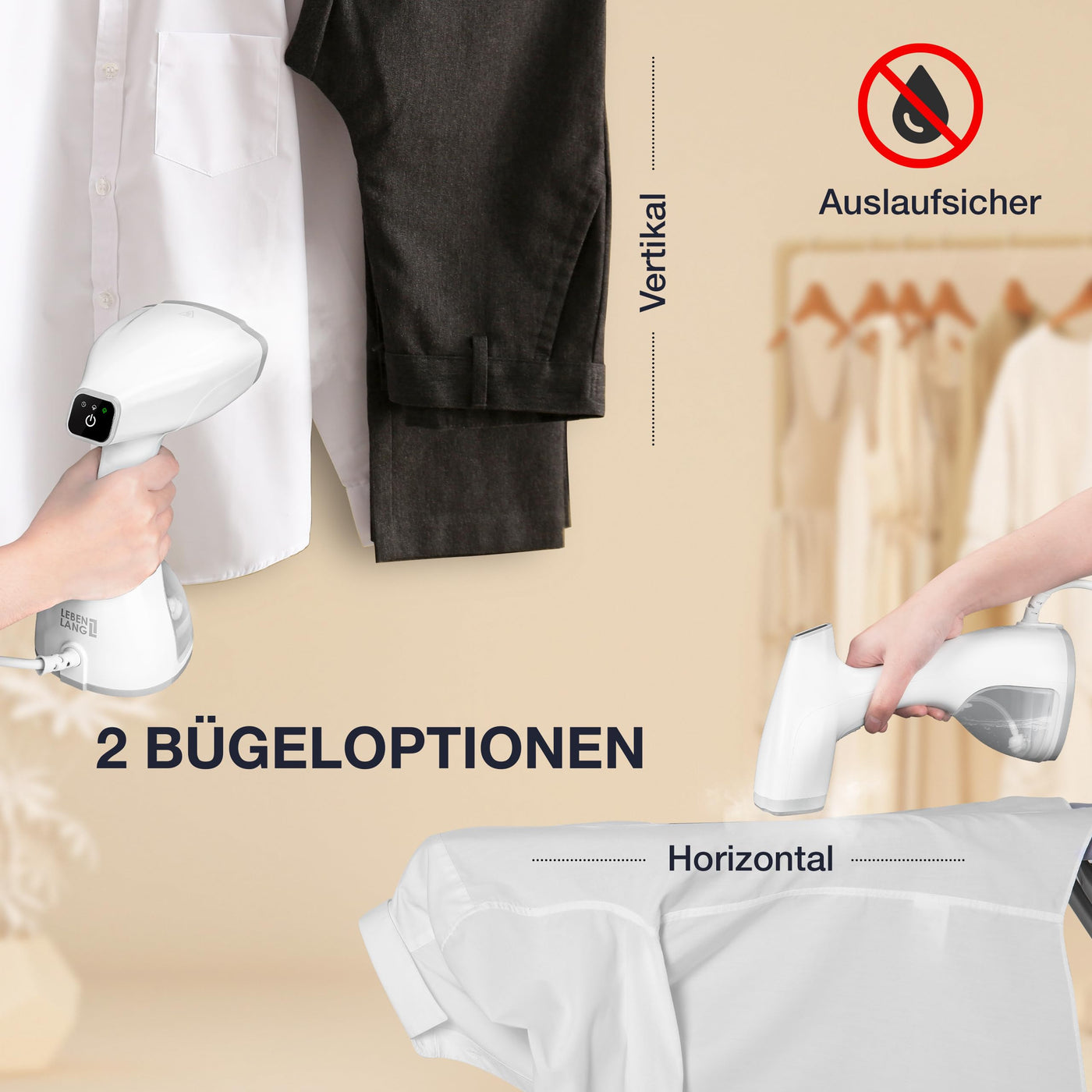 LEBENLANG Steamer Dampfglätter TESTSIEGER - 1500W & 300ml inkl. Bügelhandschuh & Aufsätze I Pro Dampfsteamer für Kleidung & Clothing I Dampfbügeleisen Stiemer Bügeleisen for Hand held steam iron & go
