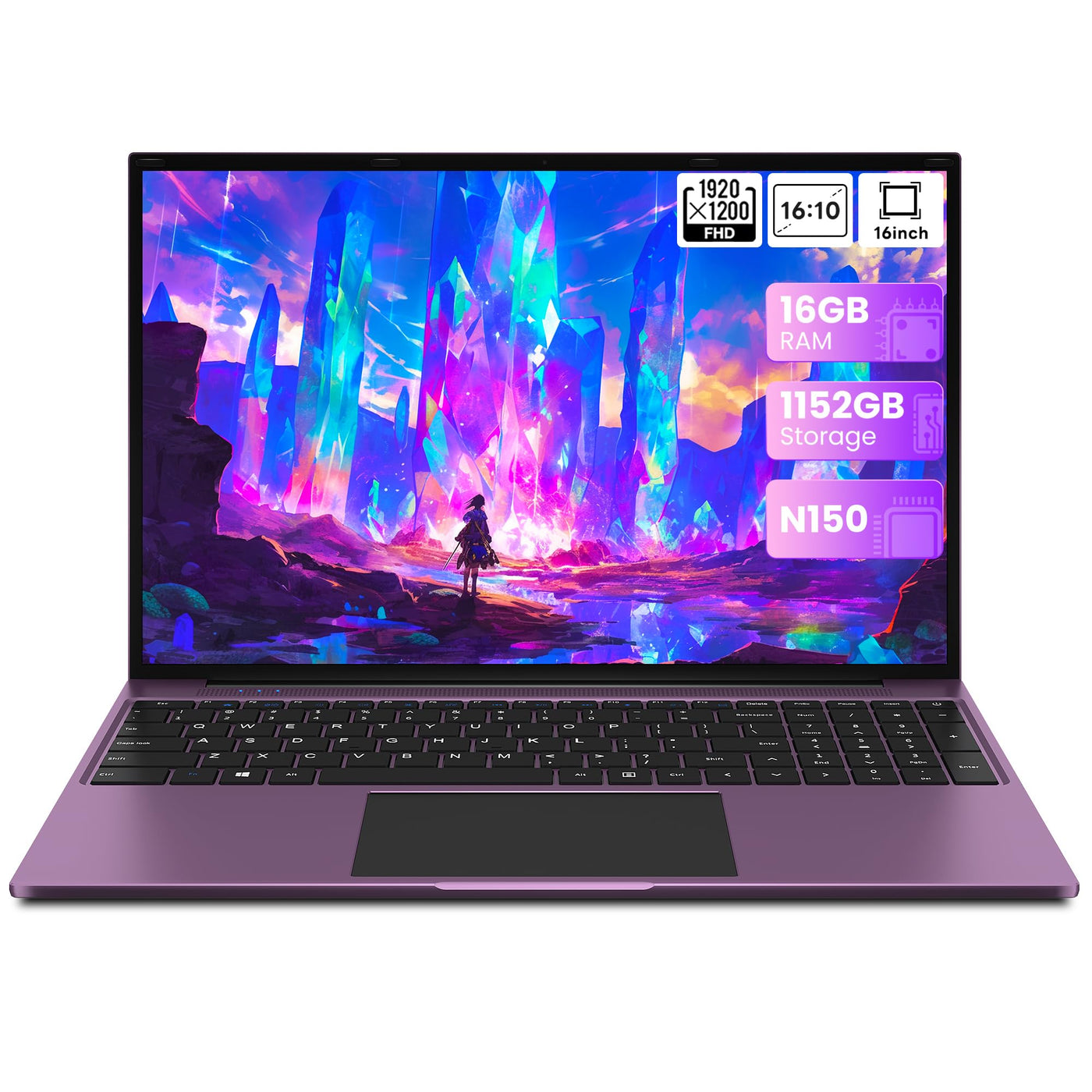 jumper Laptop 16 Zoll IPS 1920x1200, Intel N150(3,6 GHz), 16GB RAM 1TB SSD + 128GB eMMC Notebook, 2 Stereo-Lautsprecher, USB 3.0/Mini HDMI/38Wh Akku (Lila)