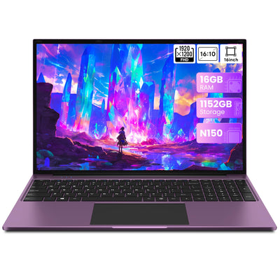 jumper Laptop 16 Zoll IPS 1920x1200, Intel N150(3,6 GHz), 16GB RAM 1TB SSD + 128GB eMMC Notebook, 2 Stereo-Lautsprecher, USB 3.0/Mini HDMI/38Wh Akku (Lila)